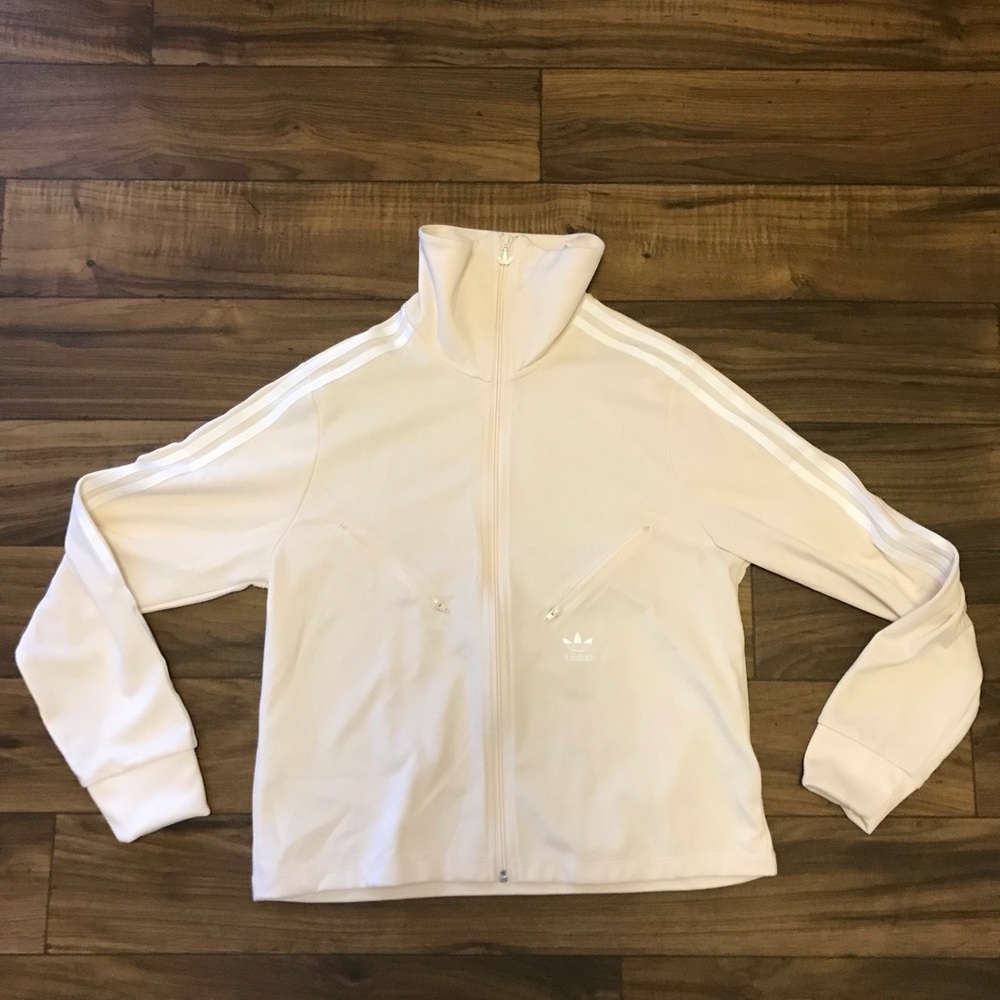adidas Cream Zip-Front Track Jacket with White Stripes - Picture 4 of 8